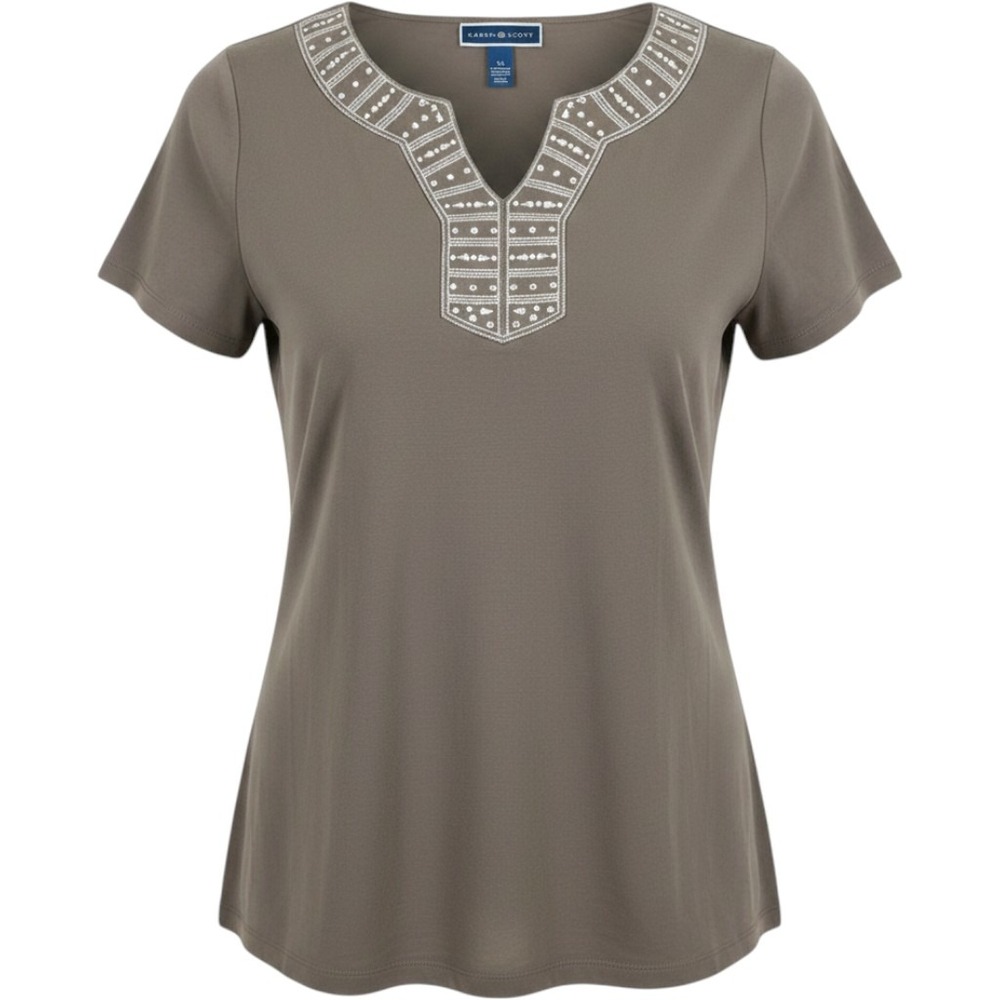 Karen Scott Womens XL Taupe Brown Cotton Rhinestone Split Neck Short Sleeve Top